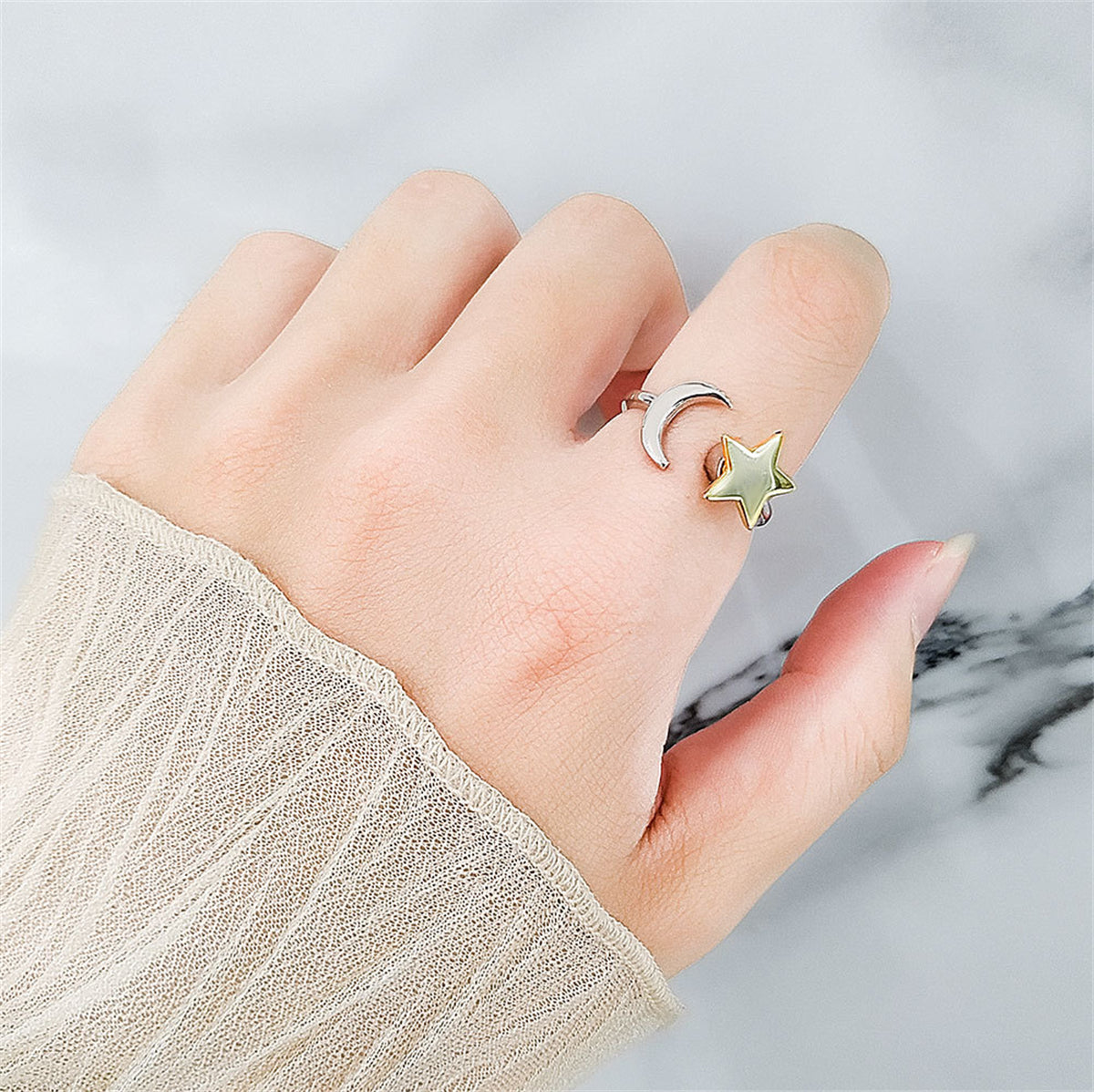 Two Tone Star and Moon Rotatable Open Ring, statement rings for women, dainty minimalist design, styled look