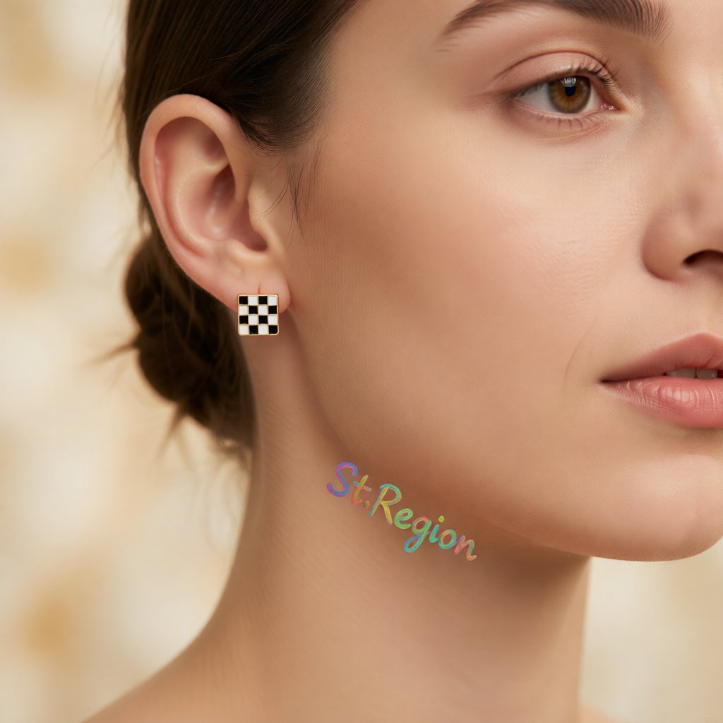 Black & White Plaid Square Stud Earrings