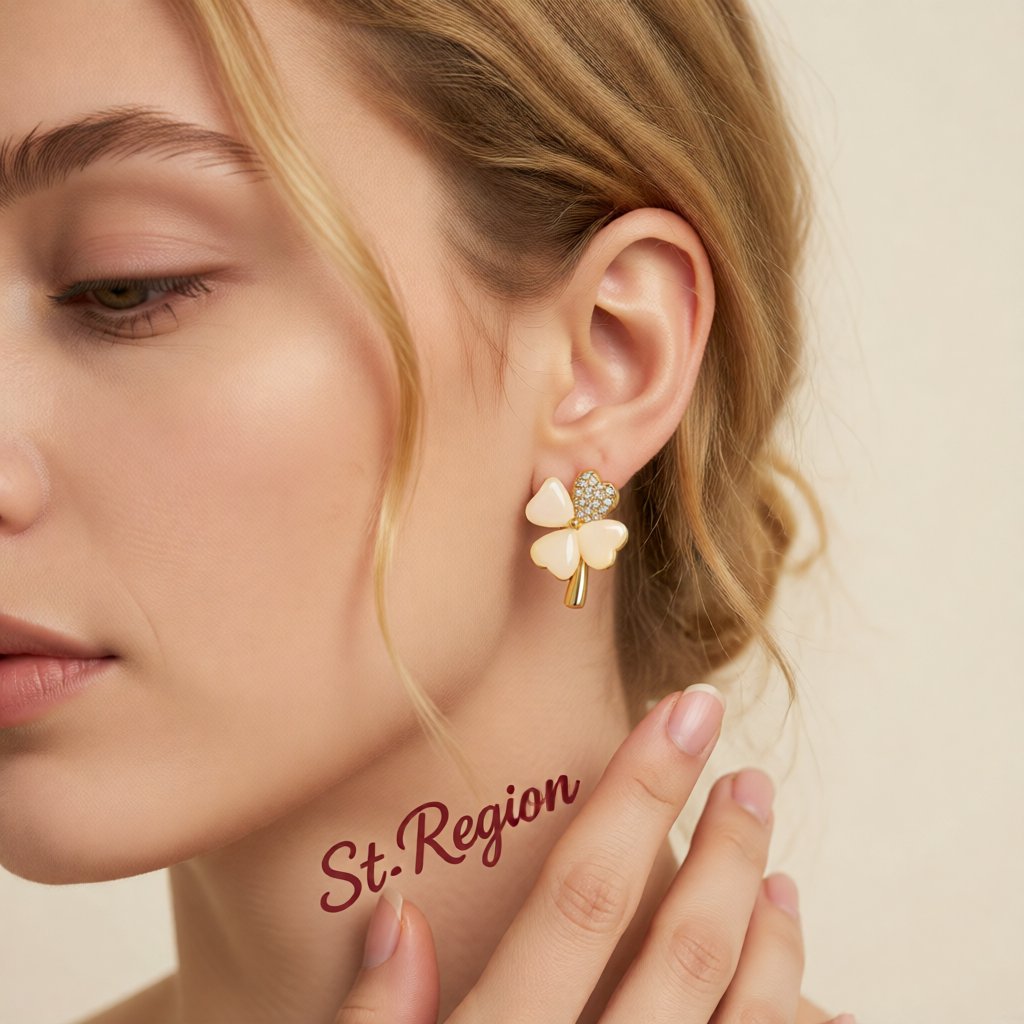Cats Eye & Cubic Zirconia Heart Clover Stud Earrings