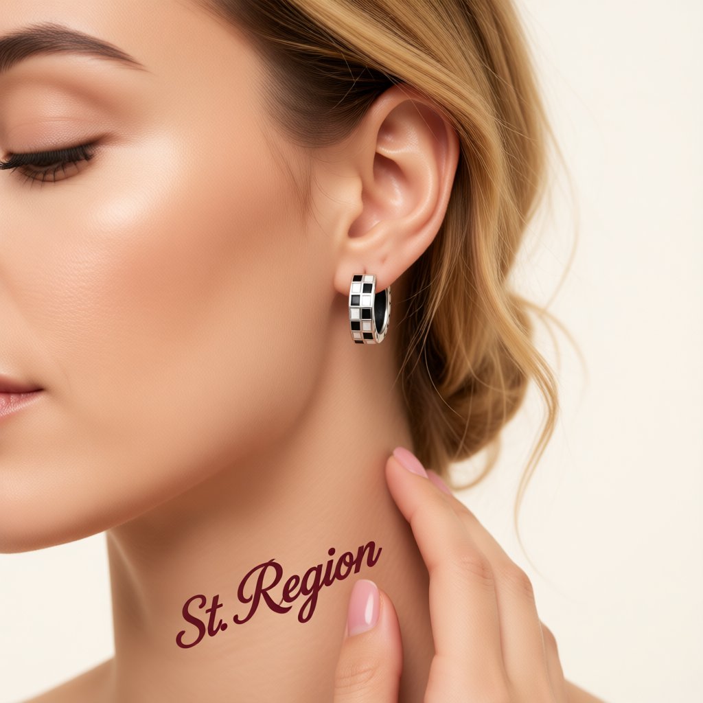 Black Enamel and Silver-Plated Checkerboard Huggie Earrings, silver huggie earrings, botanical inspired, styled look