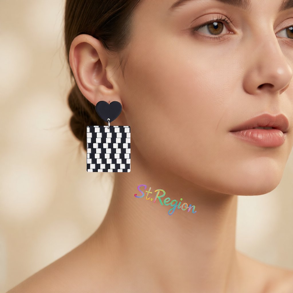 Black Acrylic & Silver-Plated Abstract Checkerboard Earrings