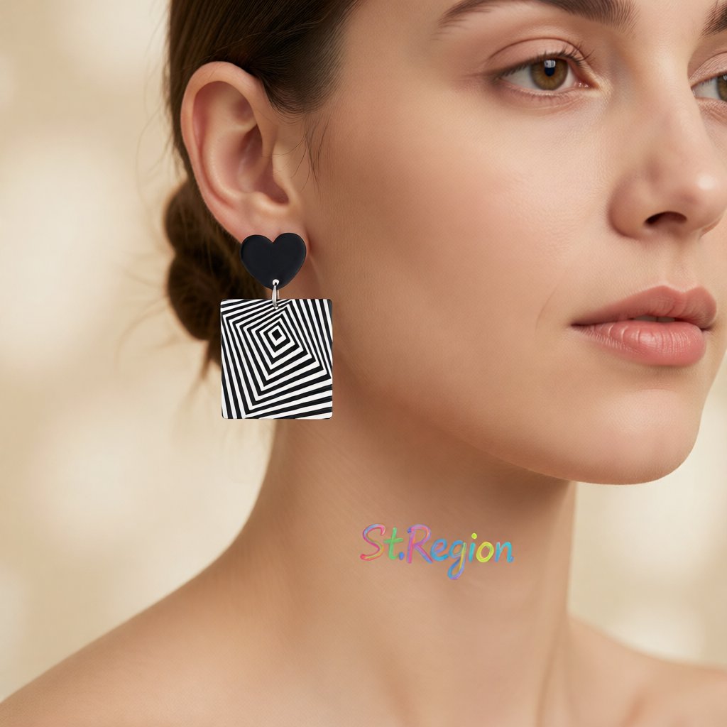 Black and White Acrylic Heart Abstract Square Drop Earrings, drop earrings for women, botanical inspired, styled look