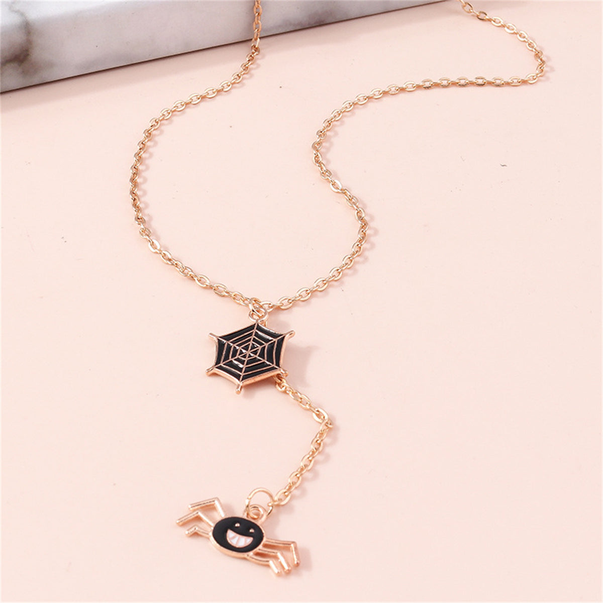 18K Gold-Plated & Black Enamel Spiderweb Pendant Necklace
