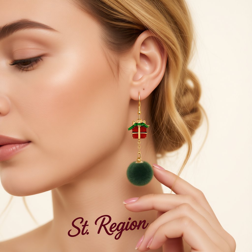 Green Pom-Pom and Red Enamel Gift Drop Earrings, drop earrings for women, botanical inspired, styled look