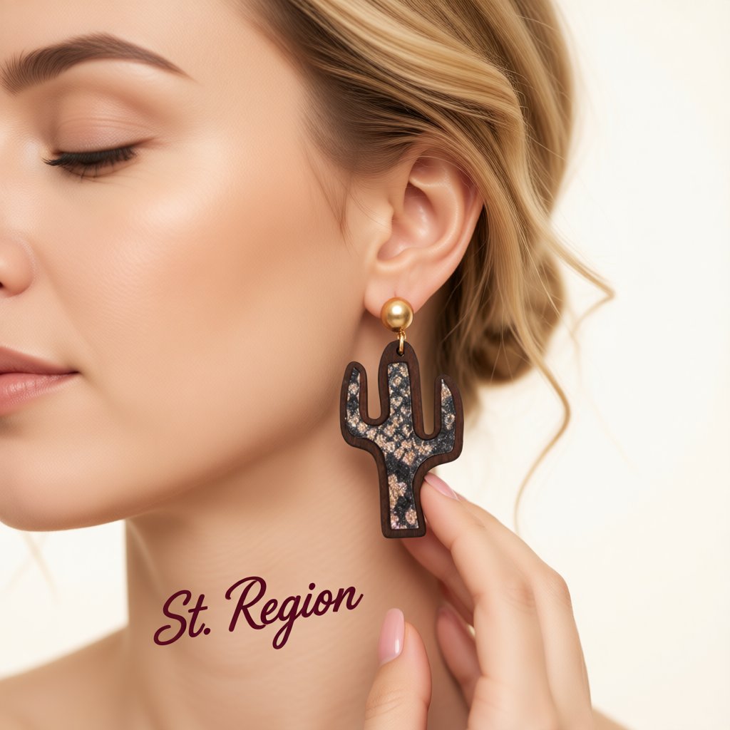 Purple Polystyrene and Wood Cactus Drop Earrings, drop earrings for women, everyday style, styled look