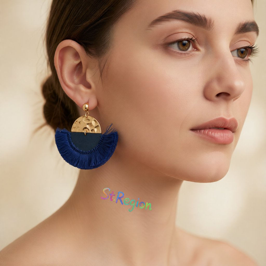 Blue Polyster and Wood 18K Gold-Plated Fan Drop Earrings, gold drop earrings for women, botanical inspired, styled look