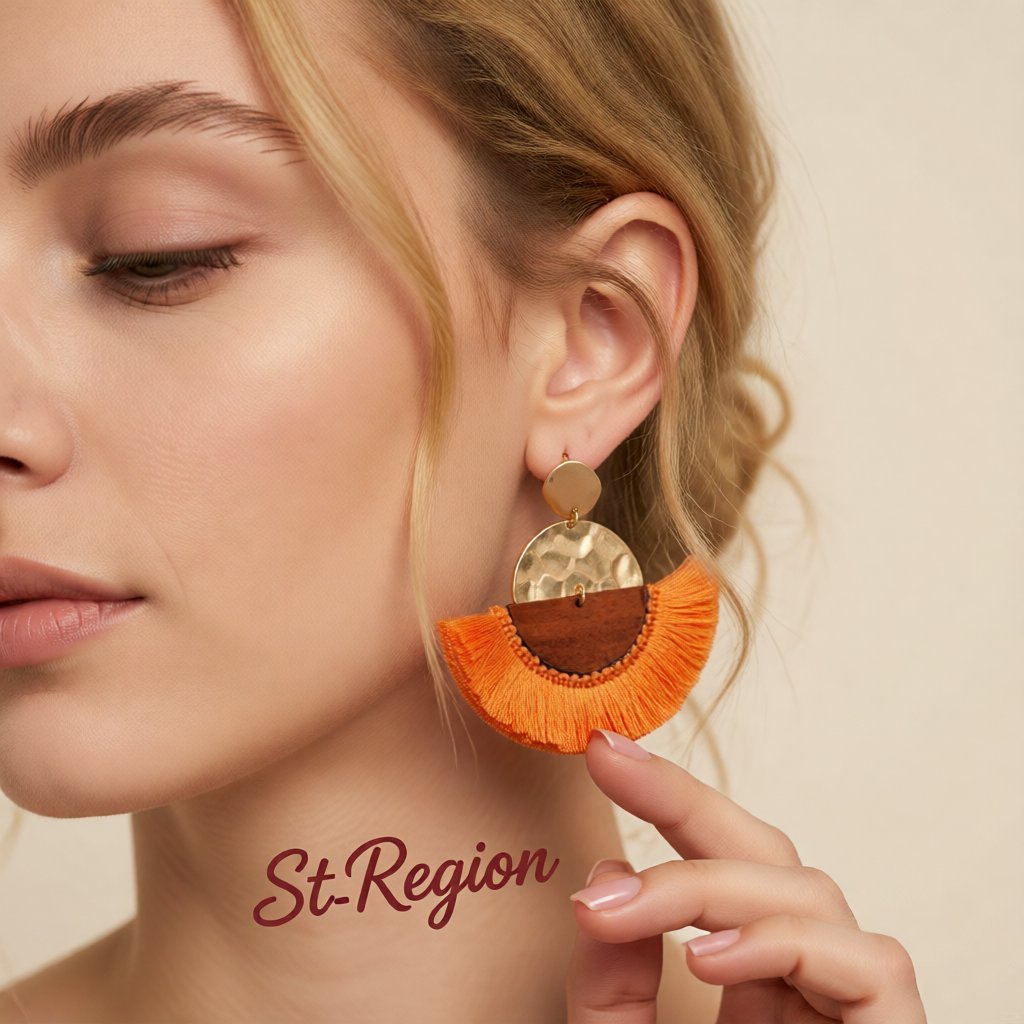 Orange Polyster and Wood 18K Gold-Plated Fan Drop Earrings, gold drop earrings for women, elegant gift for her, styled look