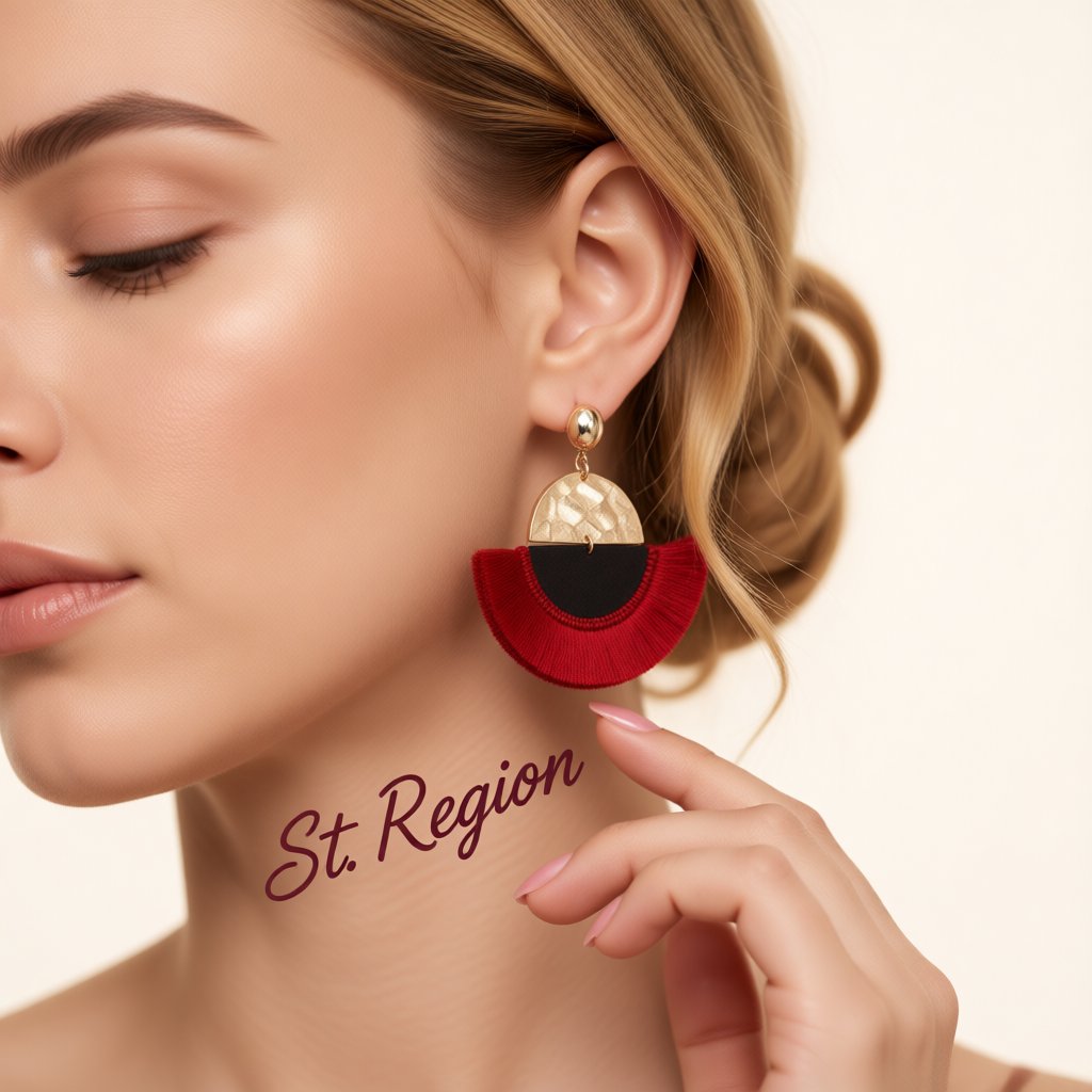 Red and 18K Gold-Plated Patchwork Fan Drop Earrings, gold drop earrings for women, dainty minimalist design, styled look