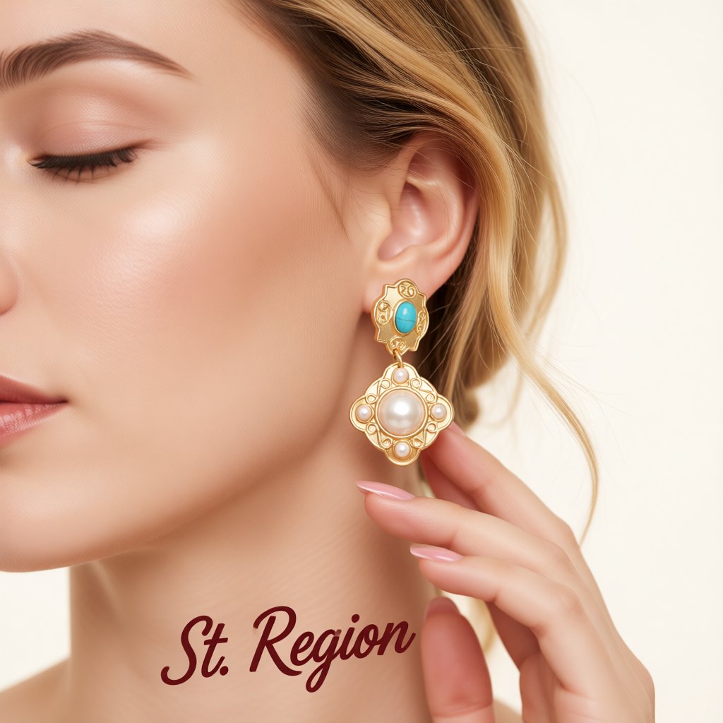 Turquoise and Pearl 18K Gold-Plated Rhombus Drop Earrings, gold drop earrings for women, everyday style, styled look