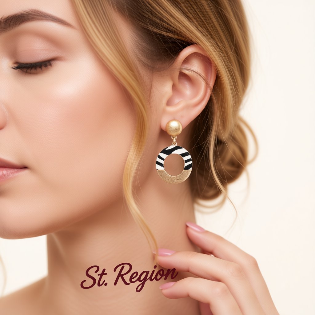 Black Polyurethane and 18K Gold-Plated Stripes Circle Drop Earrings, gold drop earrings for women, styled look