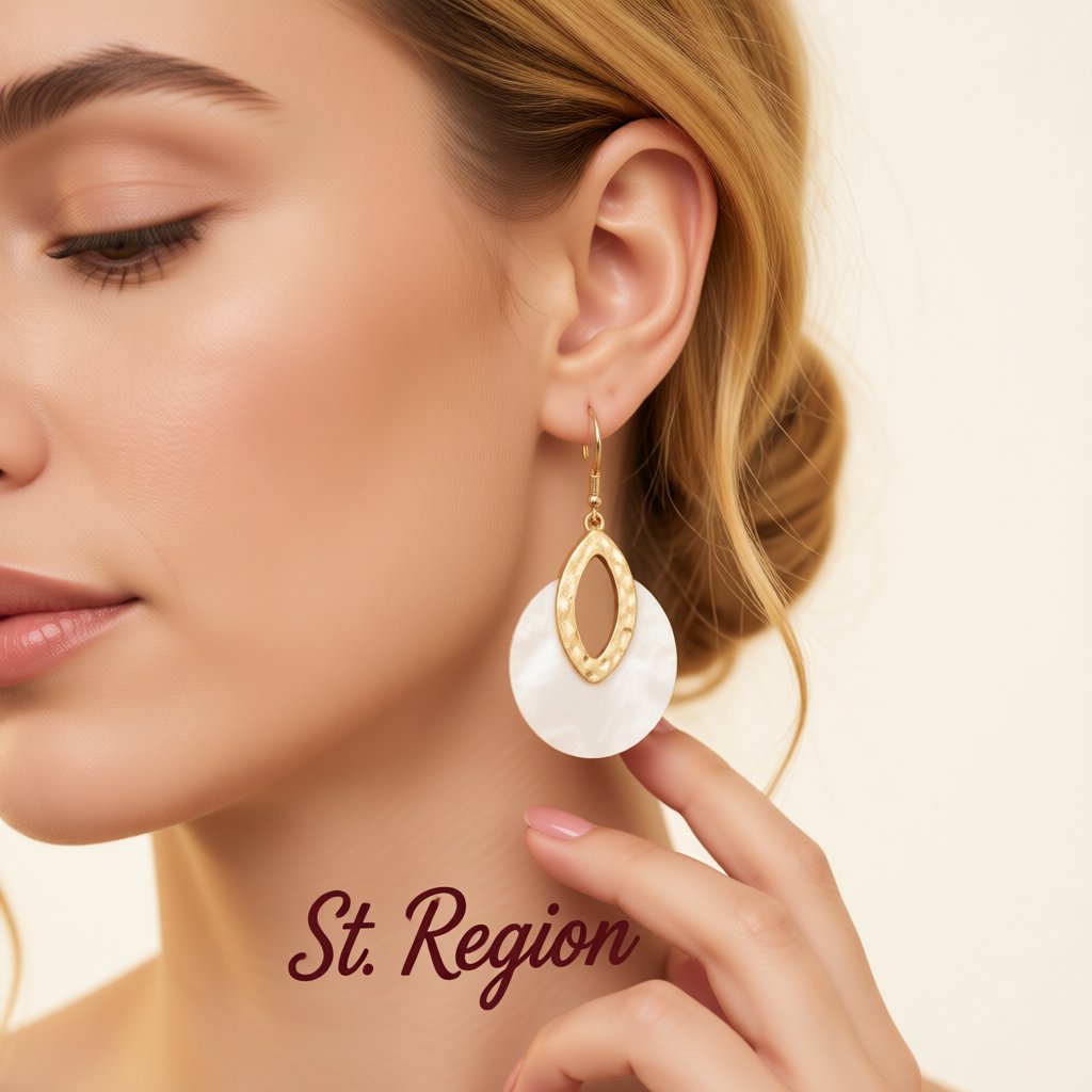 Shell and 18K Gold-Plated Pear Round Drop Earrings, gold drop earrings for women, botanical inspired, styled look