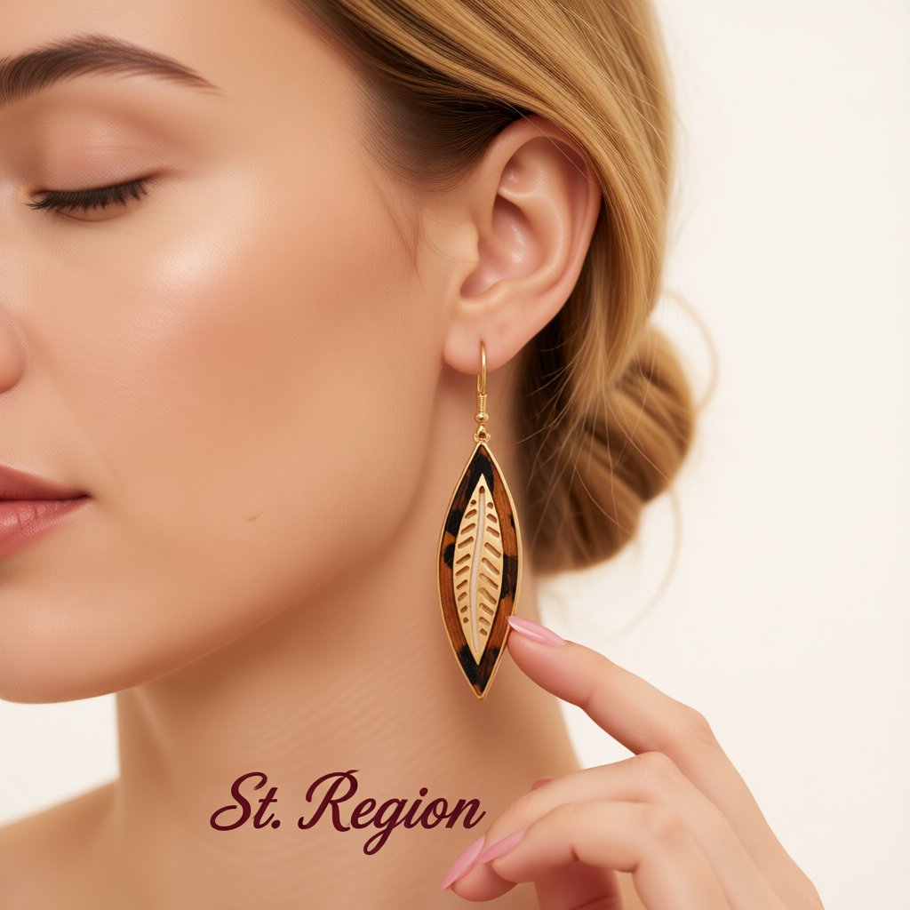 Khaki Polyurethane and 18K Gold-Plated Leopard Leaf Drop Earrings, gold drop earrings for women, styled look