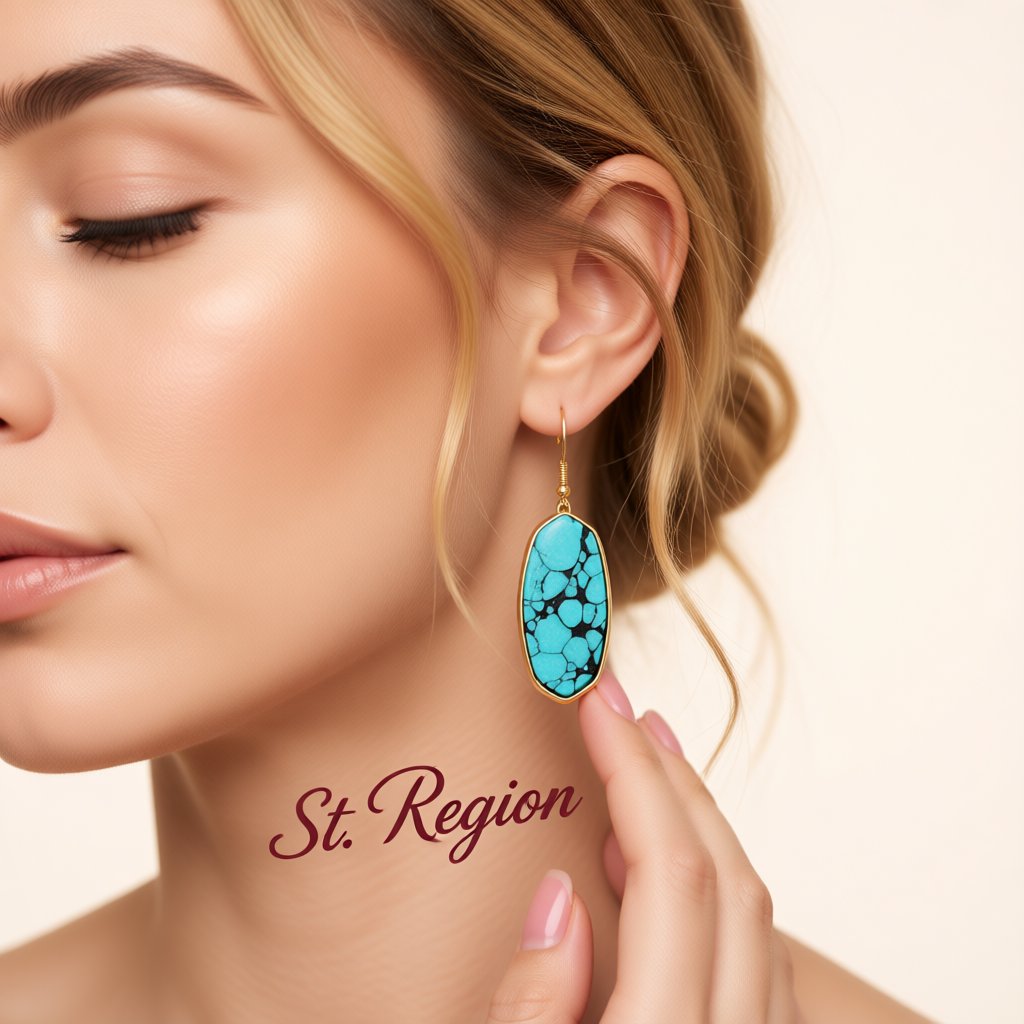 Turquoise and 18K Gold-Plated Oval Drop Earrings, gold drop earrings for women, vintage-inspired design, styled look