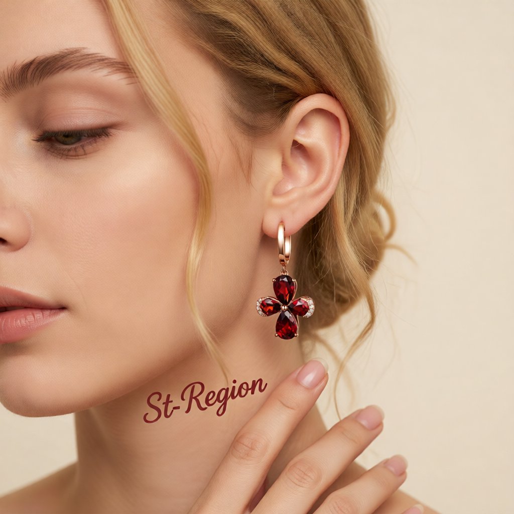Red Crystal and 18K Rose Gold-Plated Clover Drop Earrings, rose gold huggie earrings, everyday style, styled look