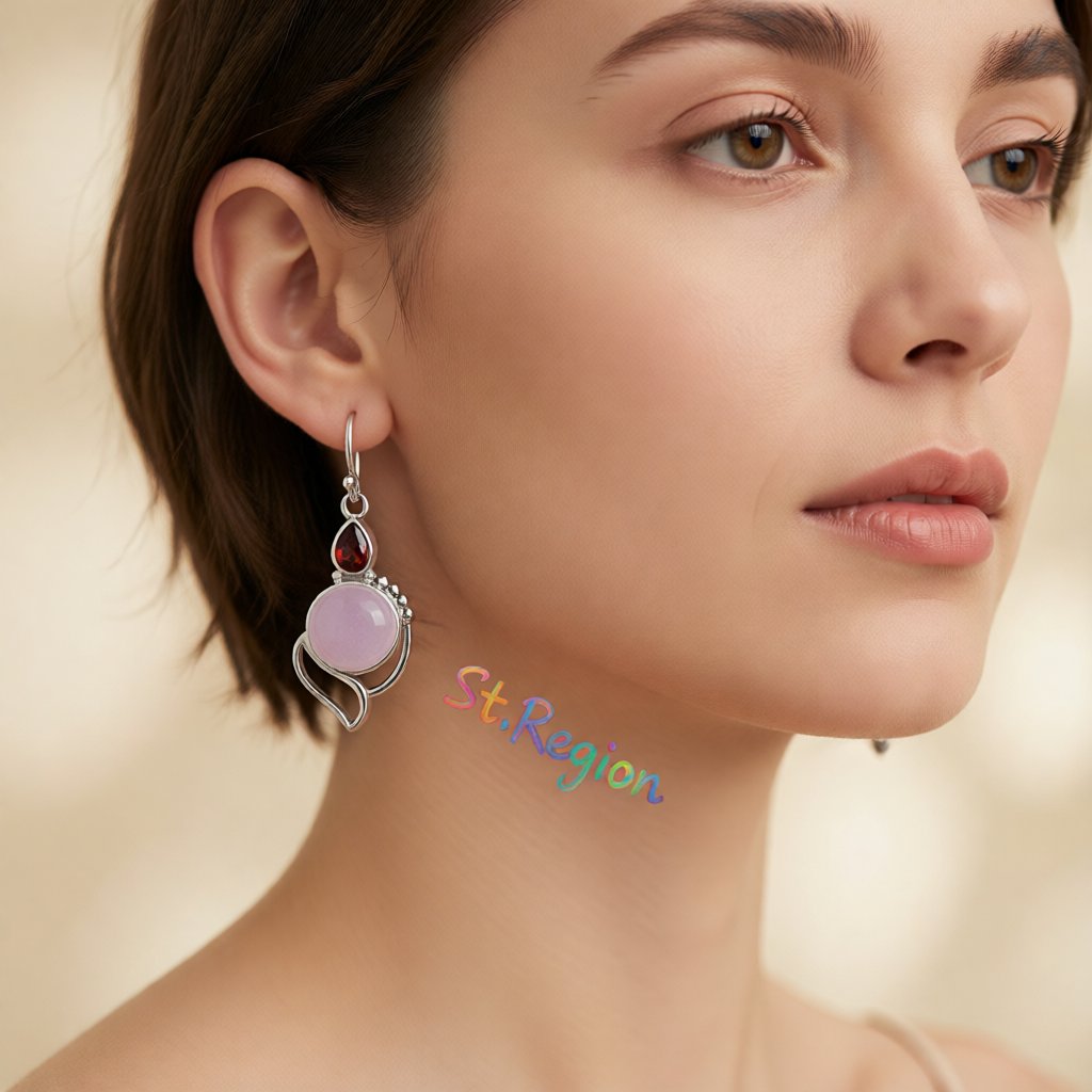 Pink Cat's Eye and Red Crystal Silver-Plated Drop Earrings, silver drop earrings for women, styled look