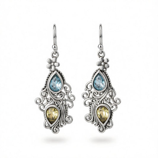 Crystal and Silver-Plated Double Pear Cut Drop Earrings, silver drop earrings for women, botanical inspired, side view