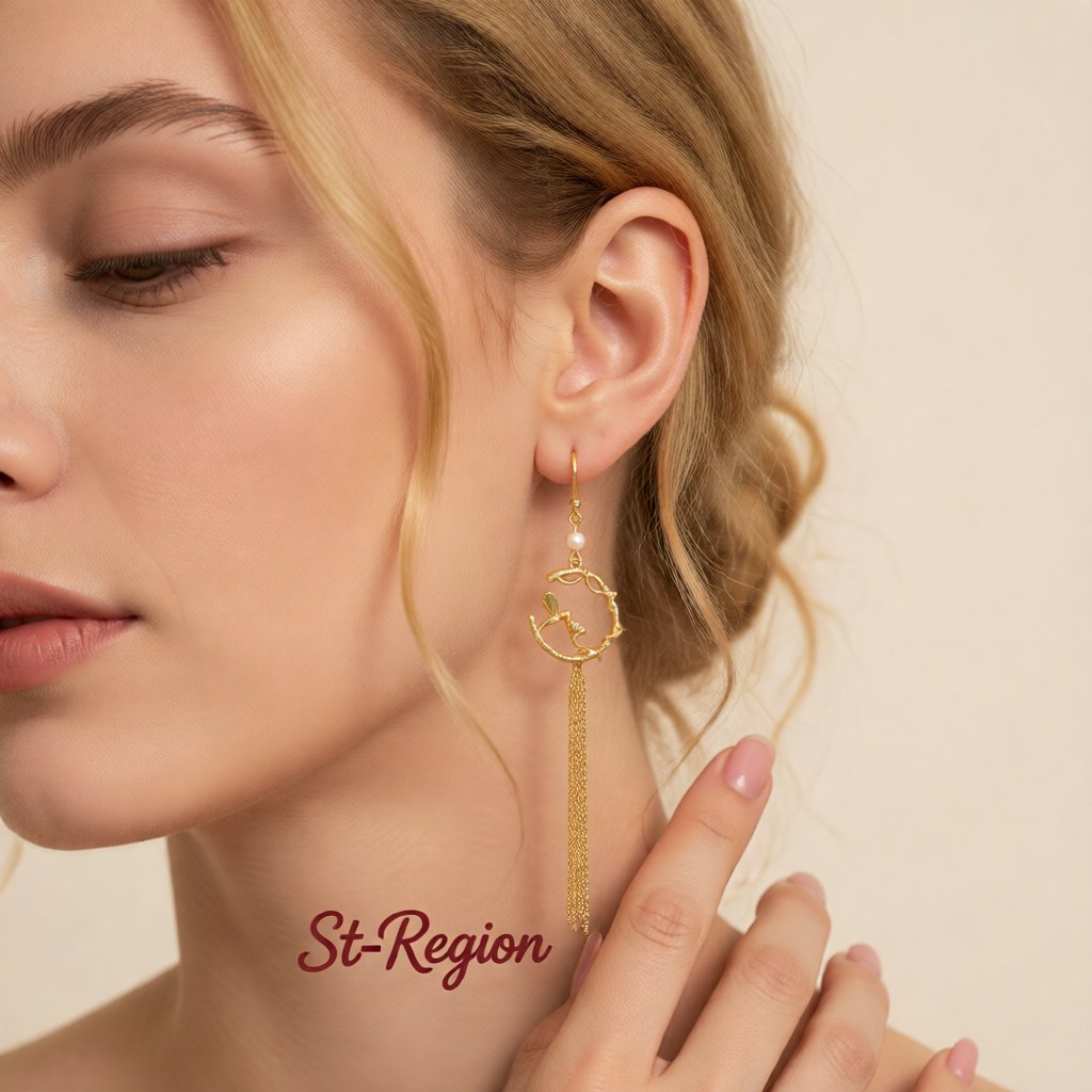 Pearl and 18K Gold-Plated Bird Tassel Drop Earrings, gold drop earrings for women, dainty minimalist design, styled look