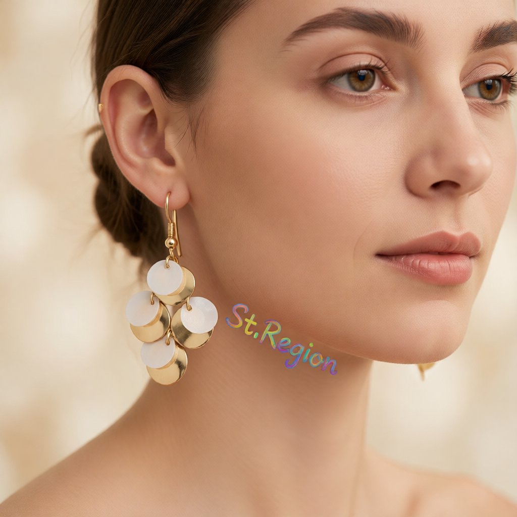 White Sequin and 18K Gold-Plated Drop Earrings, gold drop earrings for women, everyday style, styled look
