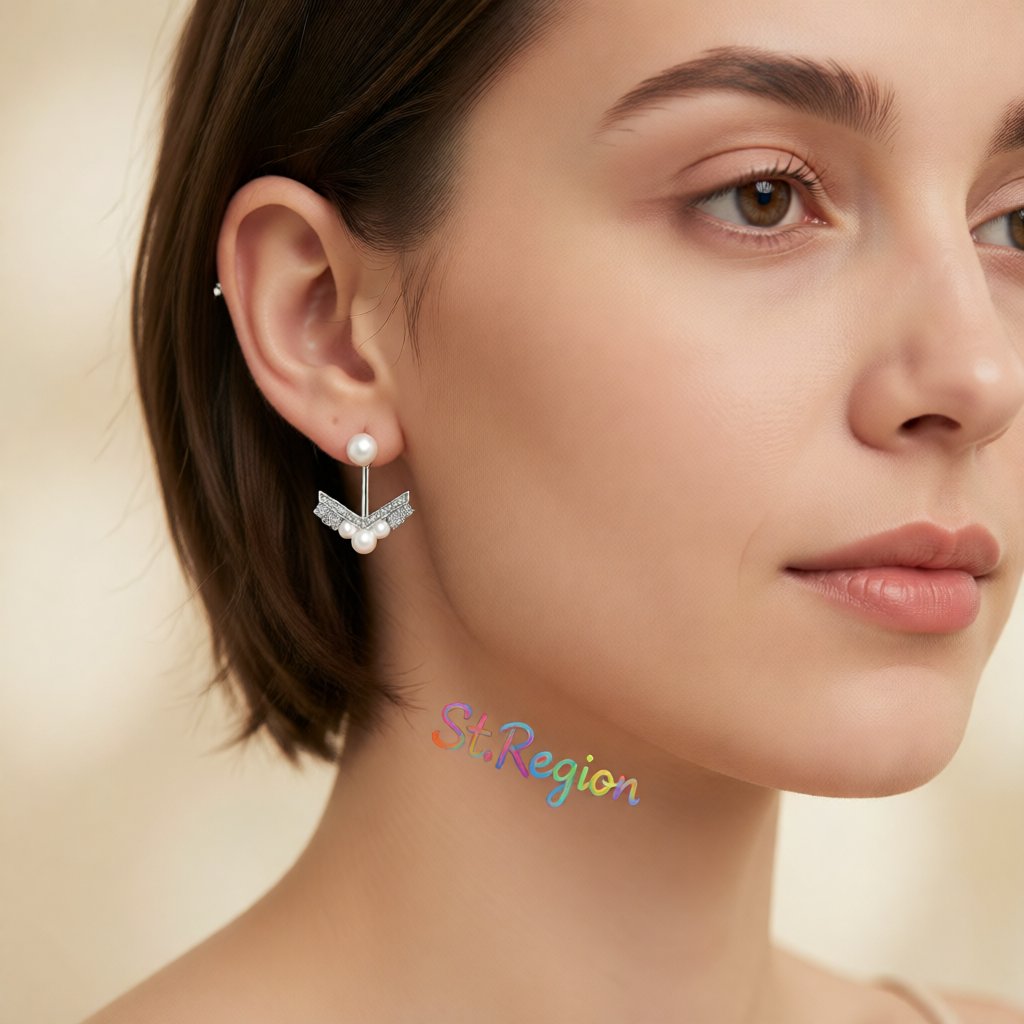 Pearl and Cubic Zirconia Silver-Plated Chevron Cluster Ear Jackets, botanical inspired, styled look