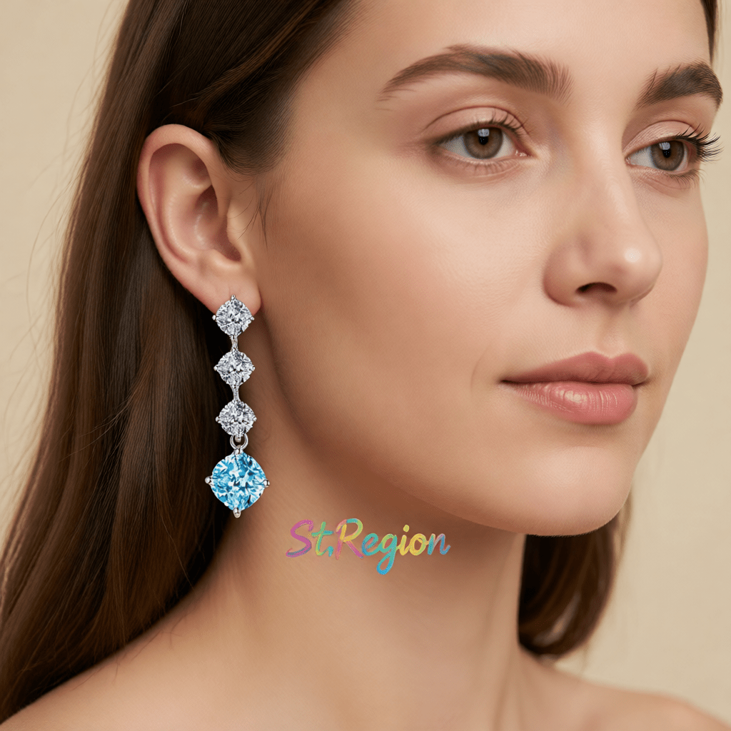Blue Crystal & Silvertone Cushion-Cut Drop Earrings