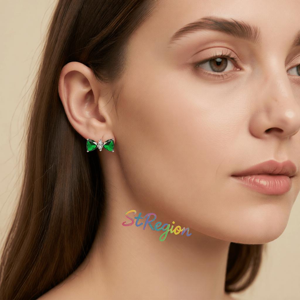 Cubic Zirconia and Green Crystal Bow Stud Earrings, stud earrings for women, dainty minimalist design, styled look