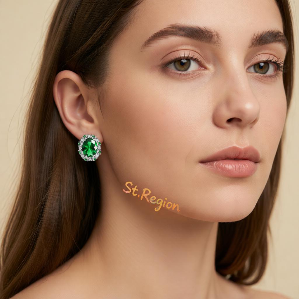 Cubic Zirconia and Green Crystal Oval Stud Earrings, cubic zirconia stud earrings for women, botanical inspired, styled look