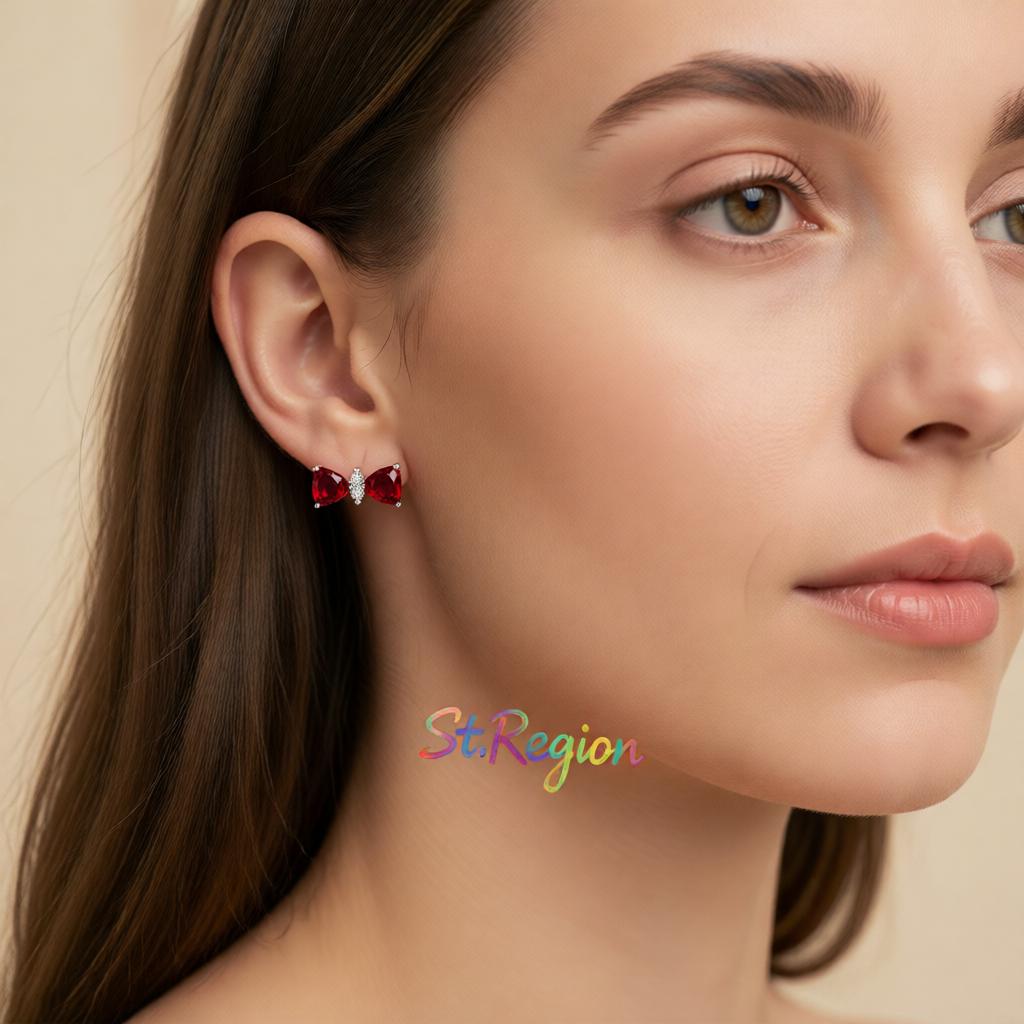 Cubic Zirconia and Red Crystal Bow Stud Earrings, cubic zirconia stud earrings for women, elegant gift for her, styled look