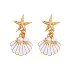Pearl & Enamel 18K Gold-Plated Starfish Shell Drop Earrings