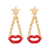 Red Enamel & 18K Gold-Plated Lips Chain Drop Earrings