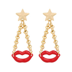Red Enamel & 18K Gold-Plated Lips Chain Drop Earrings