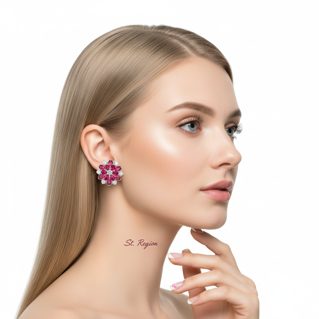 Rose Crystal & Cubic Zirconia Floral Stud Earrings - Street Region