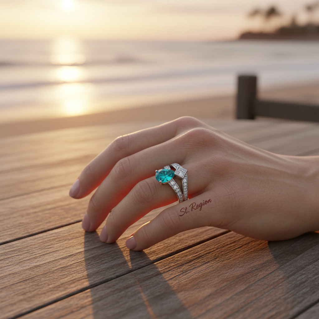 Sea Blue Crystal & Cubic Zirconia Pear-Cut Ring - Street Region