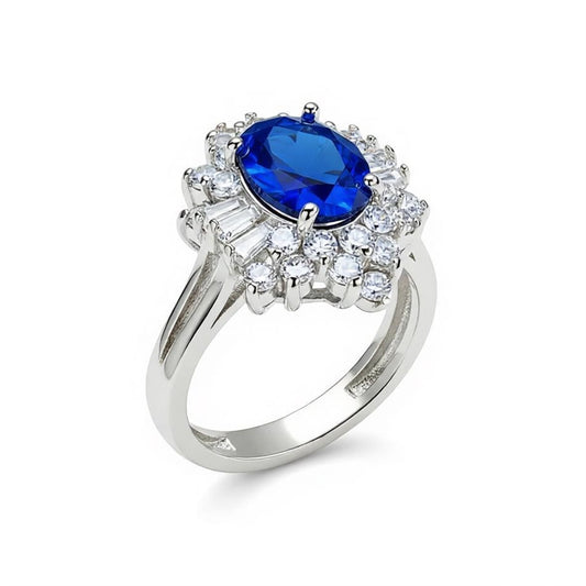 Navy Crystal & Cubic Zirconia Silver-Plated Flower Ring