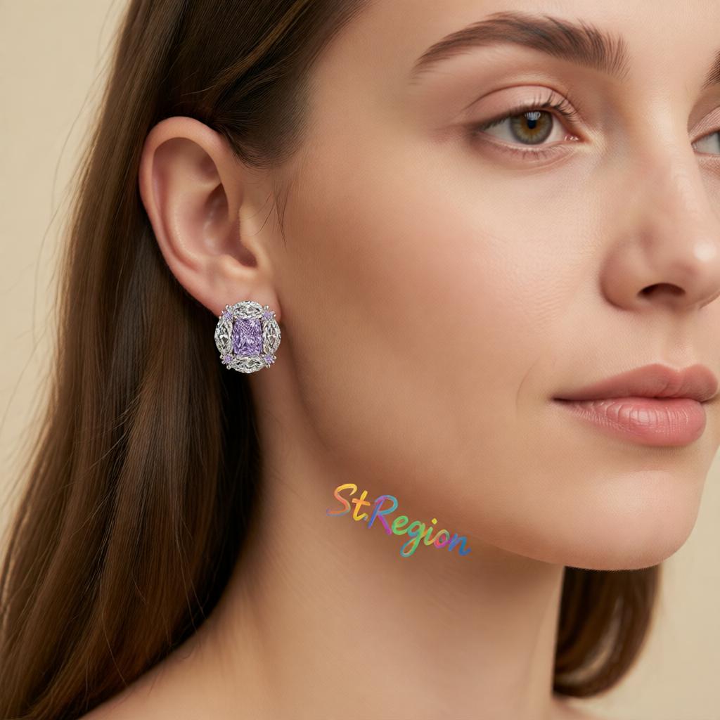 Purple Radiant and Marquise Crystal Silvertone Oval Stud Earrings, cubic zirconia stud earrings for women, styled look
