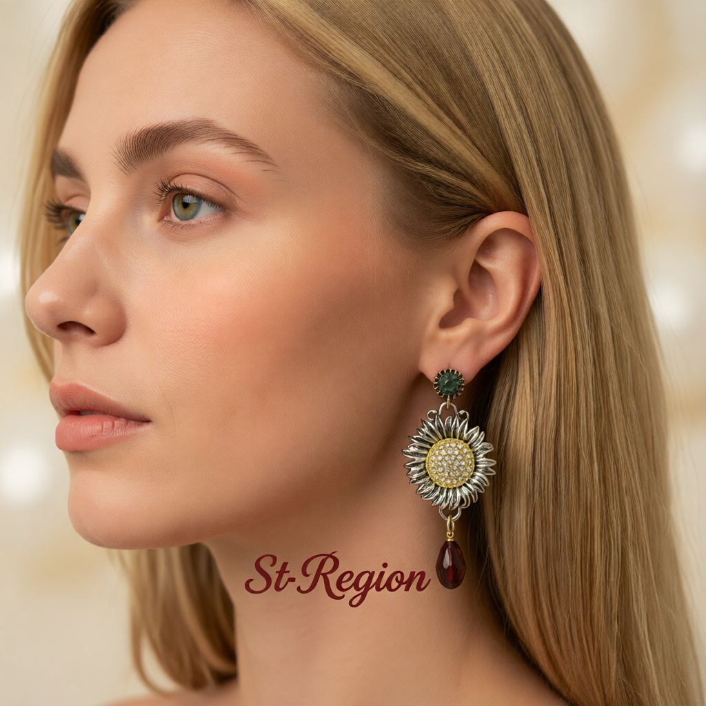 Crystal & Cubic Zirconia Two Tone Sunflower Drop Dangle Earrings
