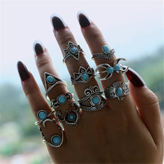 Turquoise & Silver-Plated Crescent Moon Ring Set