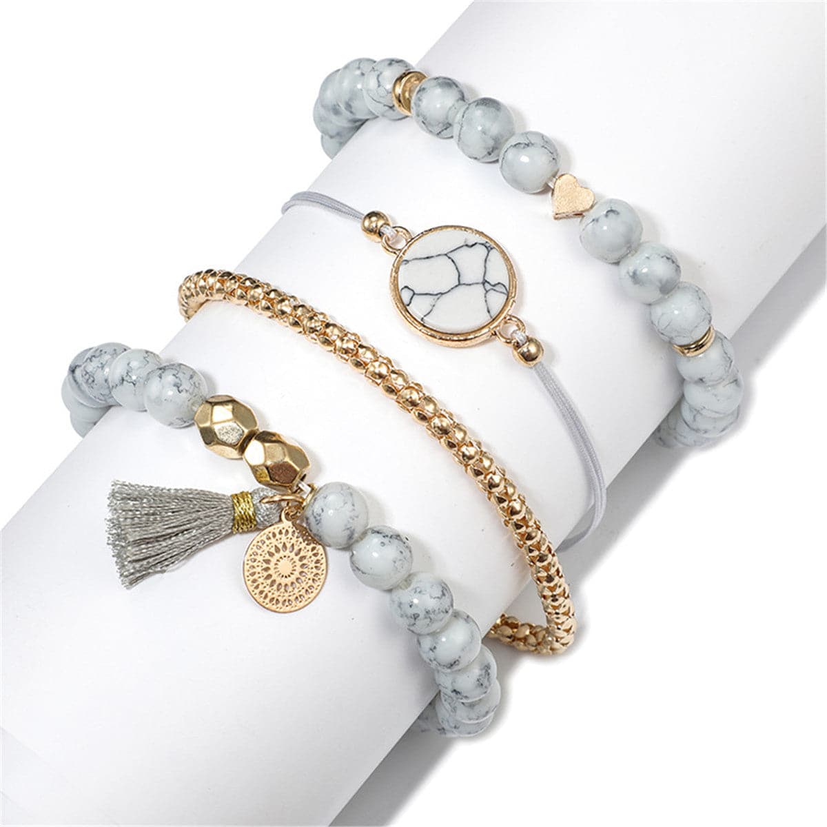 Gray Turquoise and 18K Gold-Plated Stretch Bracelet Set, jewelry gift sets for women, detail close-up