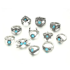 Turquoise & Silver-Plated Crescent Moon Ring Set