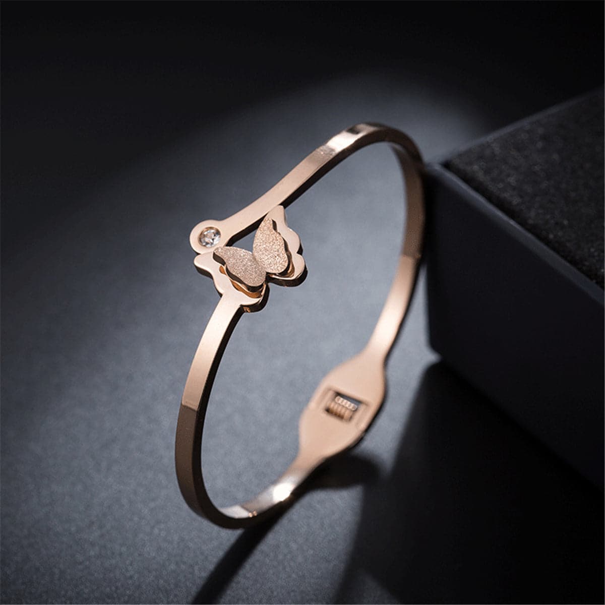 cubic zirconia & 18k Rose Gold-Plated Frosted Butterfly Bangle - streetregion
