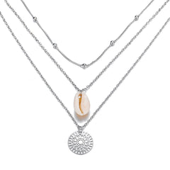 Silver-Plated Shell Lotus Layered Pendant Necklace