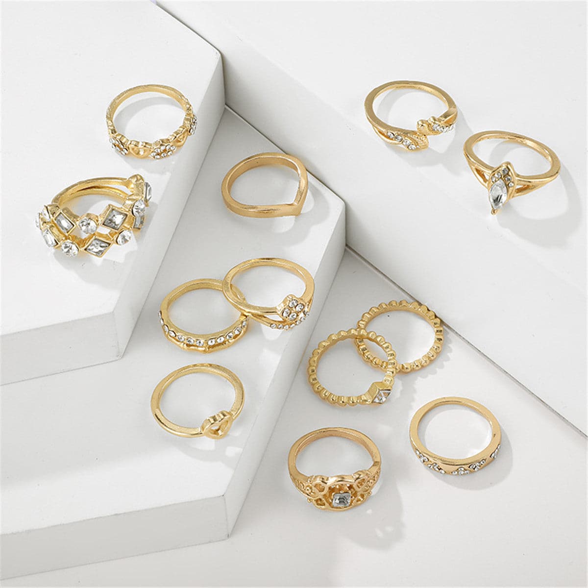 Cubic Zirconia & 18K Gold-Plated Open Alternating Heart Ring Set
