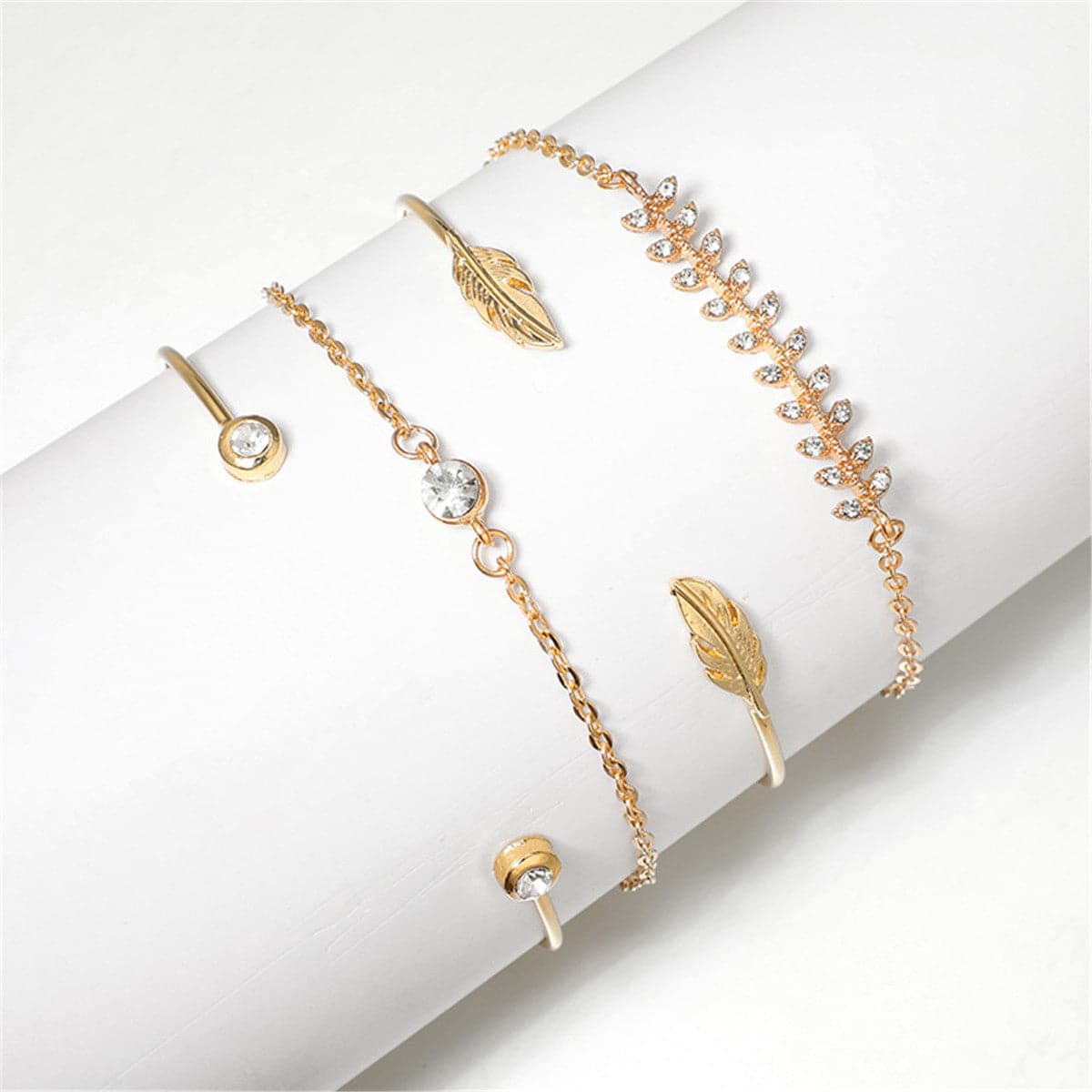 Cubic Zirconia and 18K Gold-Plated Leaf Charm Bracelet Set, gold bracelet for women, dainty minimalist design, styled look