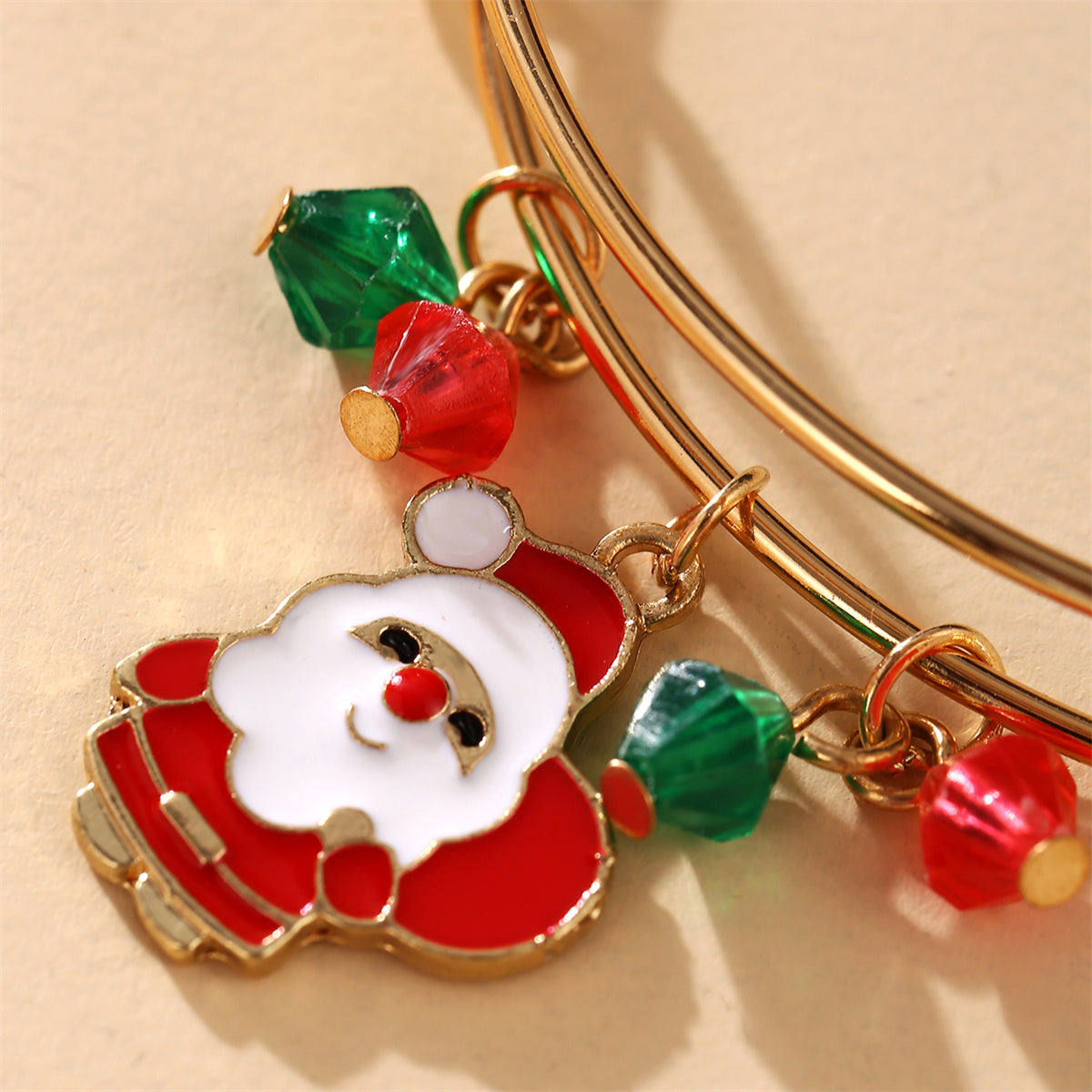 Green and Red Beaded Santa Adjustable Charm Bangle, bangle bracelet, vintage-inspired design, detail close-up