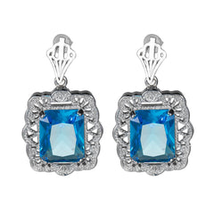 Blue Crystal & Silver-Plated Floral Radiant-Cut Drop Earrings