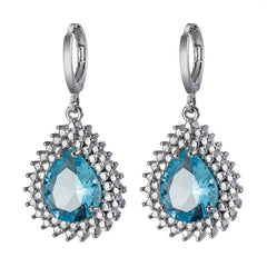 Blue Crystal & Silver-Plated Pear-Cut Halo Drop Earrings