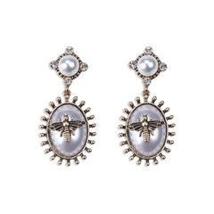 Pearl & Cubic Zirconia Bee Oval Drop Earrings