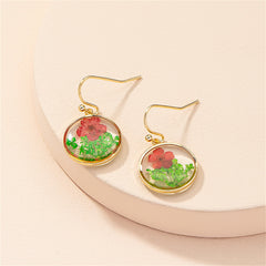 Red Peach Blossom & 18K Gold-Plated Pressed Flower Round Drop Earrings