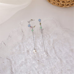 Crystal & Pearl Silver-Plated Asymmetrical Butterfly Moon Drop Earrings