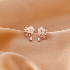 Cubic Zirconia & Pink Cat's Eye 18K Gold-Plated Flower Drop Earrings