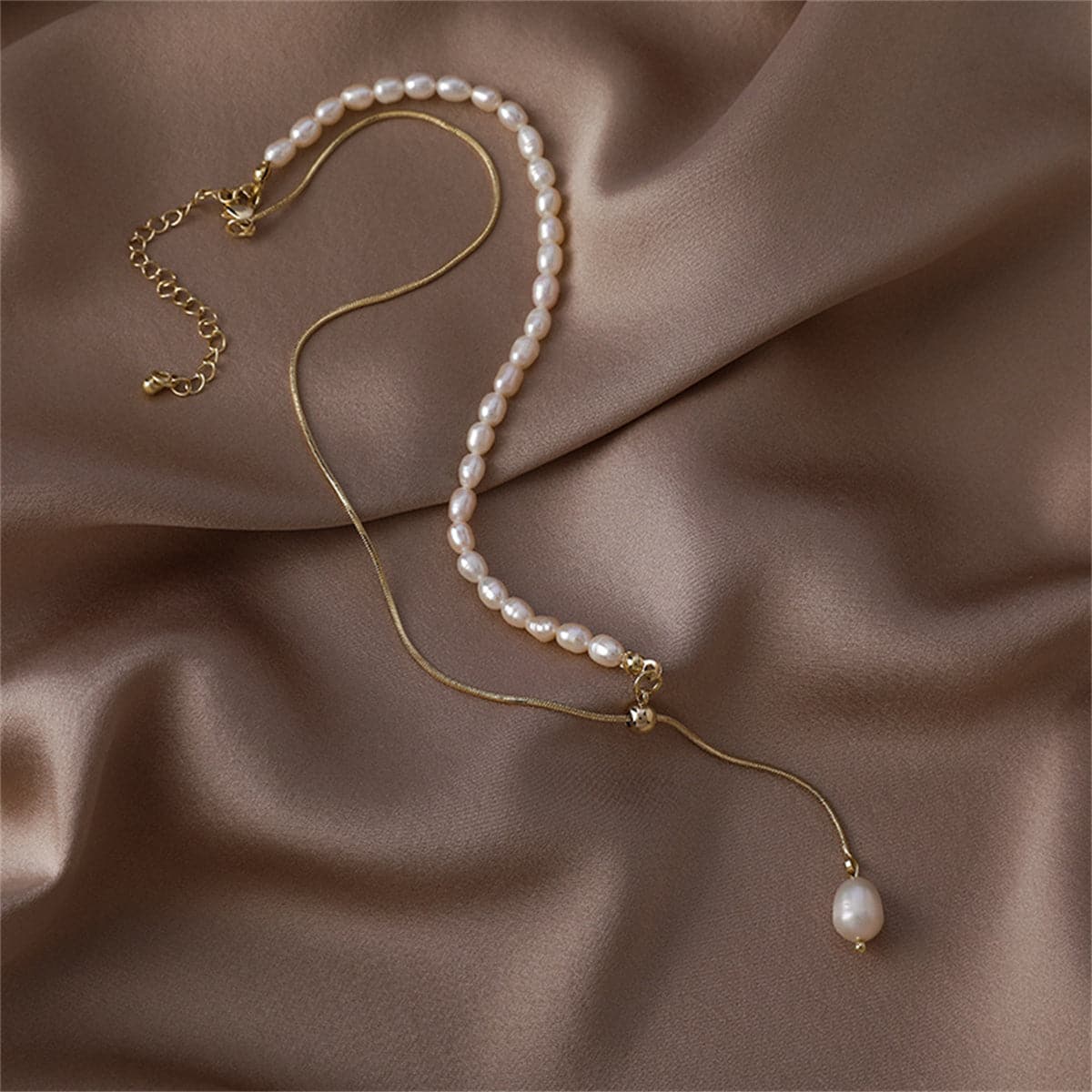 Pearl and 18K Gold-Plated Drop Necklace, gold pendant necklace for women, dainty minimalist design, styled look